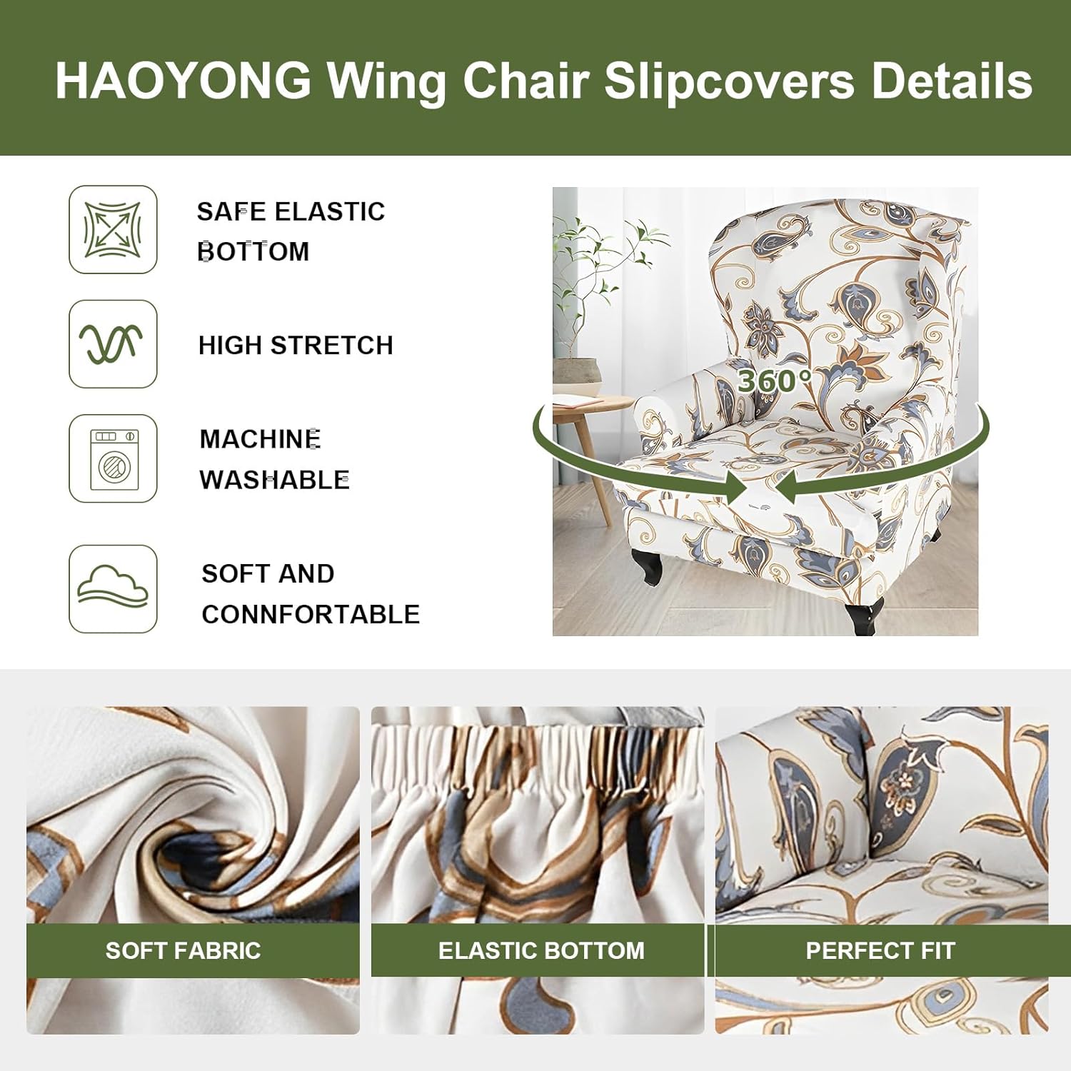 HAOYONG 2 Piece Wingback Chair Slipcover Set