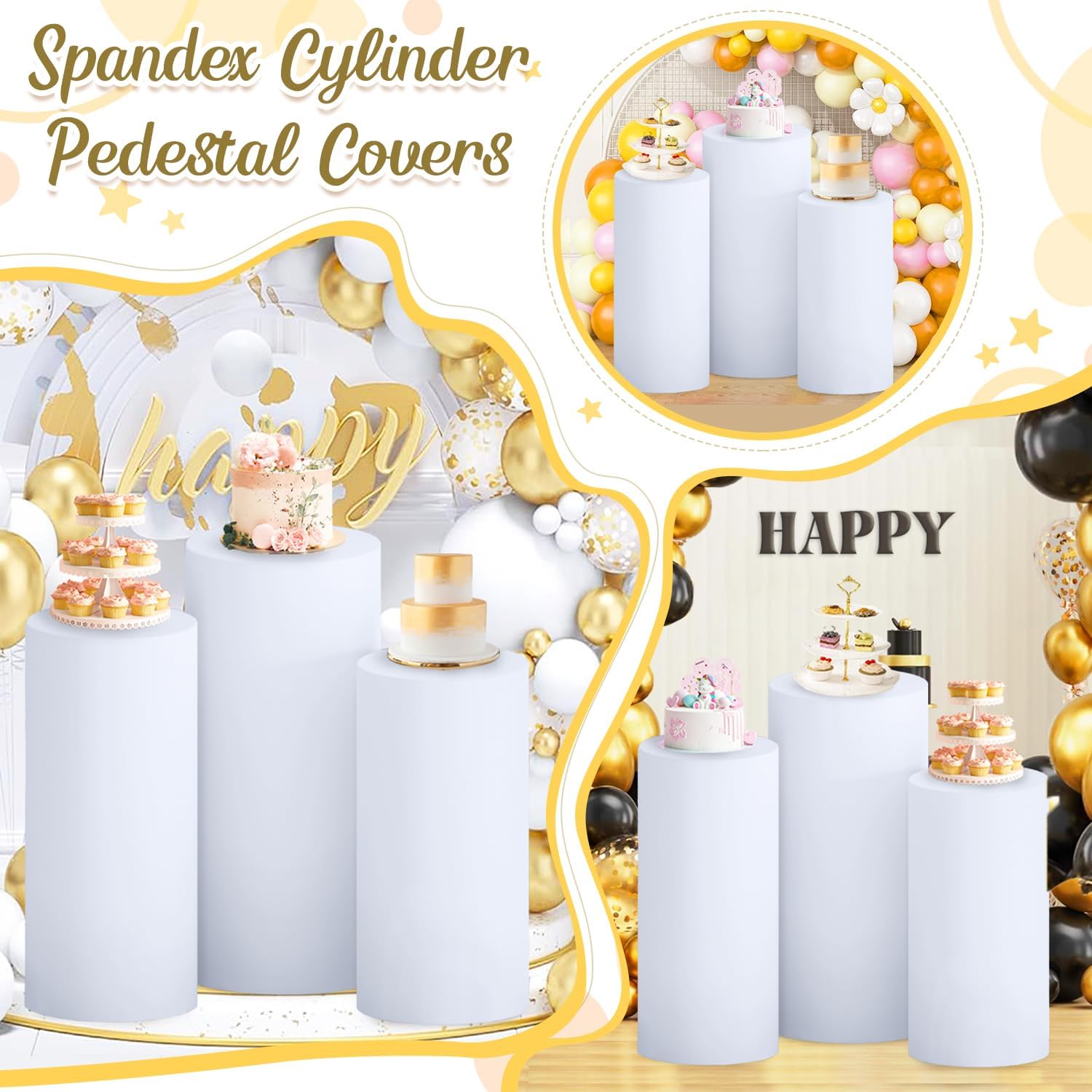 FOTSHARER 3 Pcs White Spandex Cylinder Stand Covers for Parties