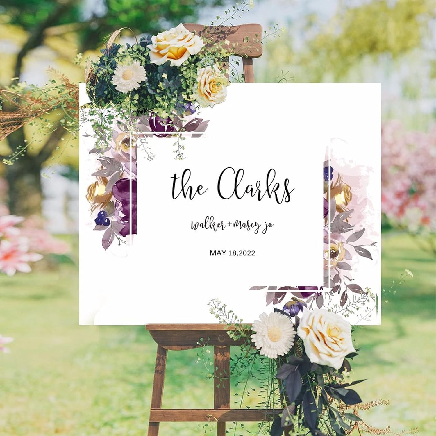 Customizable Purple Floral Wedding Welcome Sign 16x20 Inch