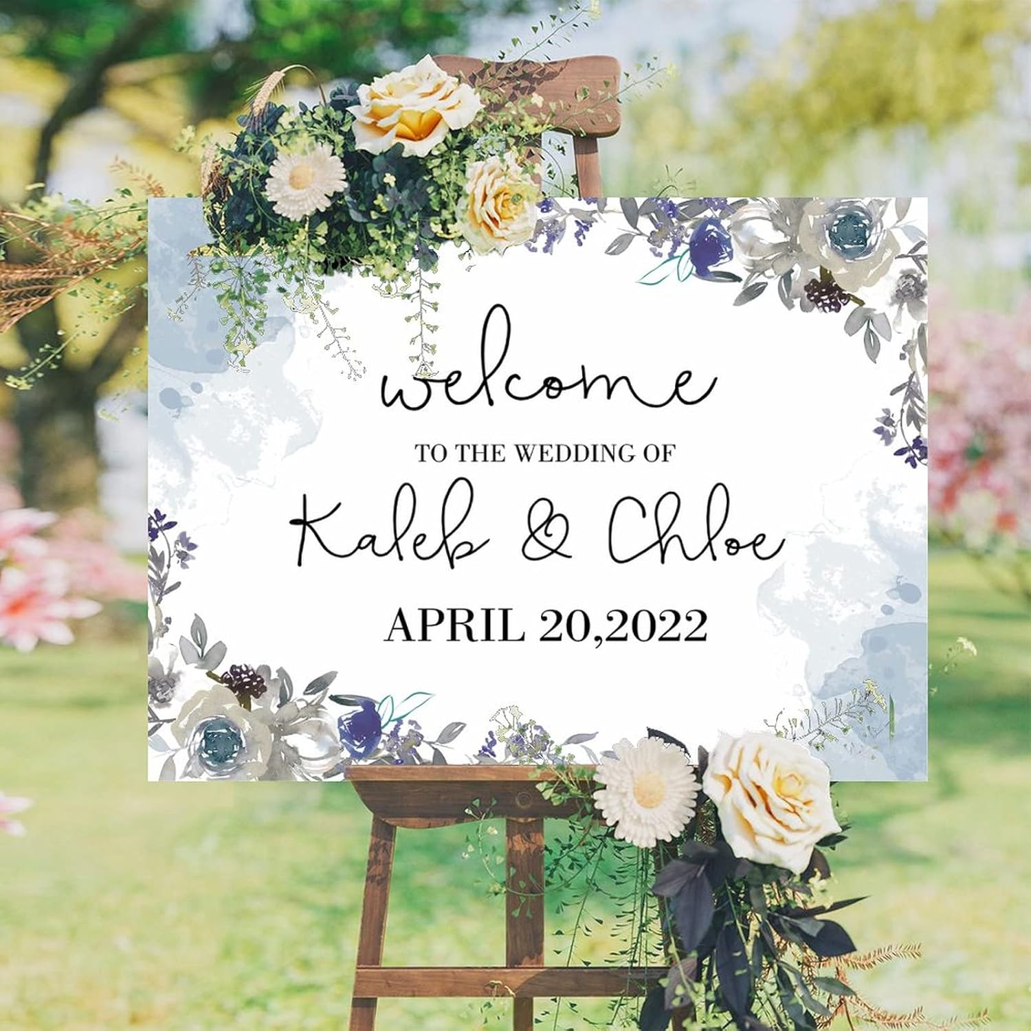 Alioyoit 12x16 Inch Blue Floral Wooden Wedding Welcome Sign