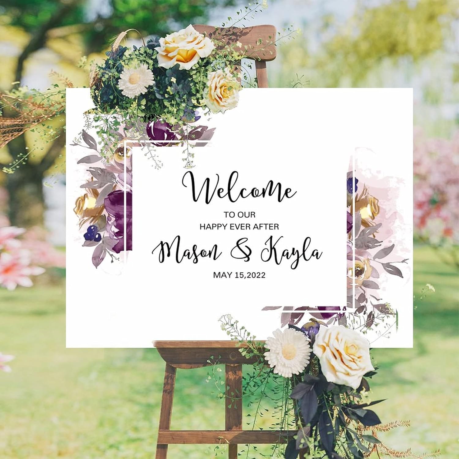 Alioyoit Purple Floral Wreath Wood Wedding Sign