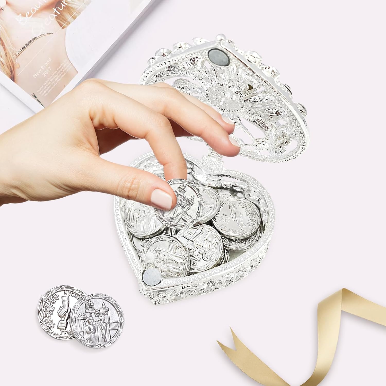 Catholic Wedding Arras Coins Set with Rhinestone Box