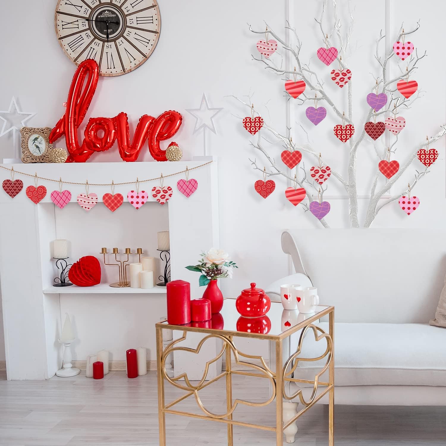 Haooryx Heart Shaped Wood Slice Hanging Ornaments 31Pcs