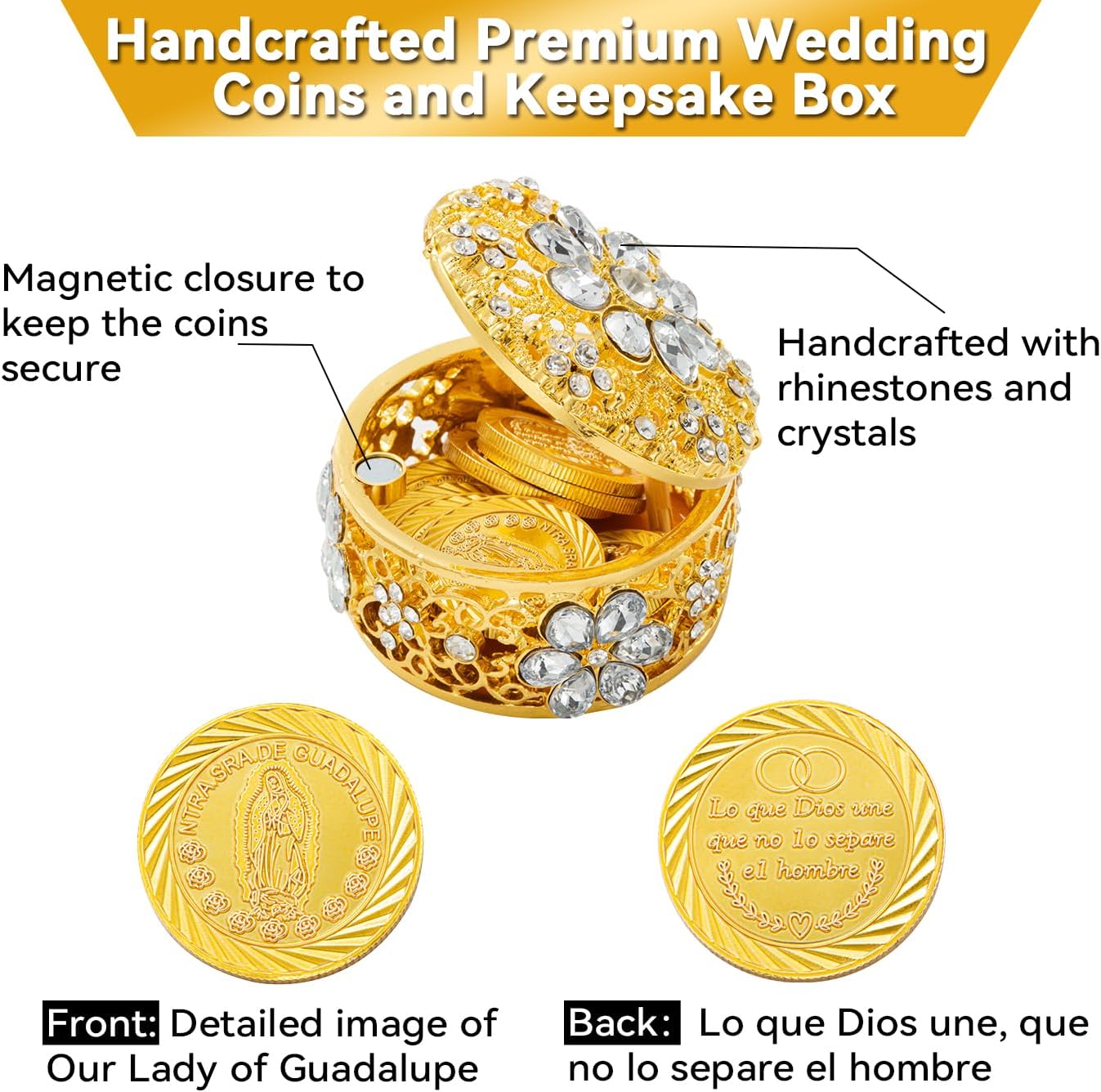Catholic Wedding Arras Set with Virgen De Guadalupe Gifts Box