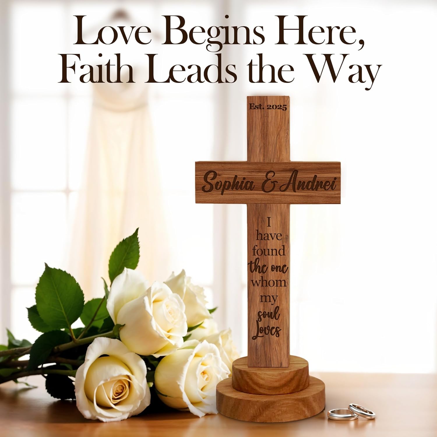 Personalized Wedding Cross Wood Sign with Engraved Names
