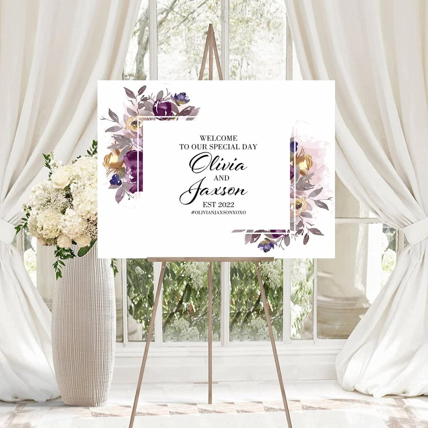 Alioyoit Personalized Wedding Welcome Sign with Purple Floral Wreath