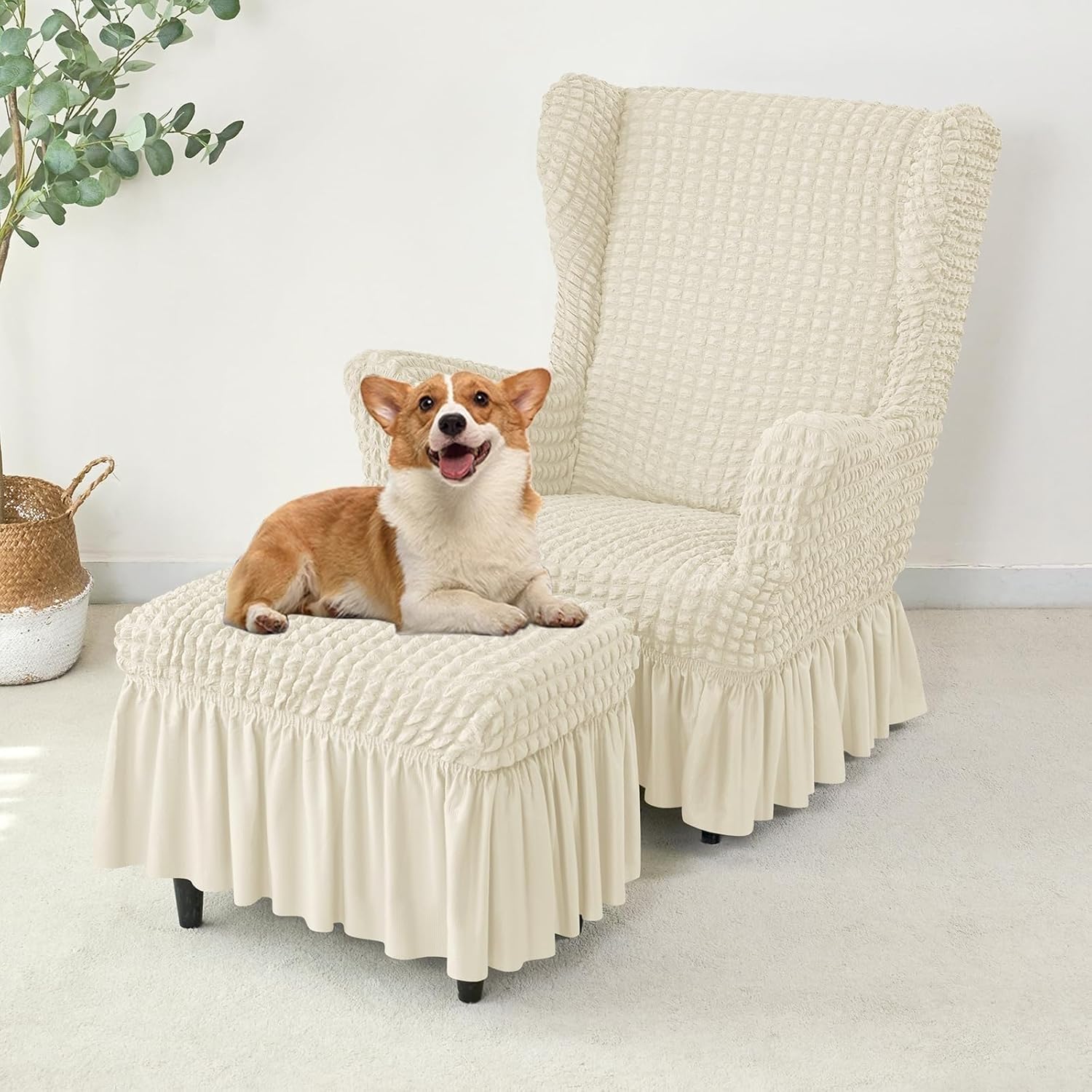 Stretch Seersucker Chair Slipcover with Ottoman Universal Wingback Chair Cover Set Beige