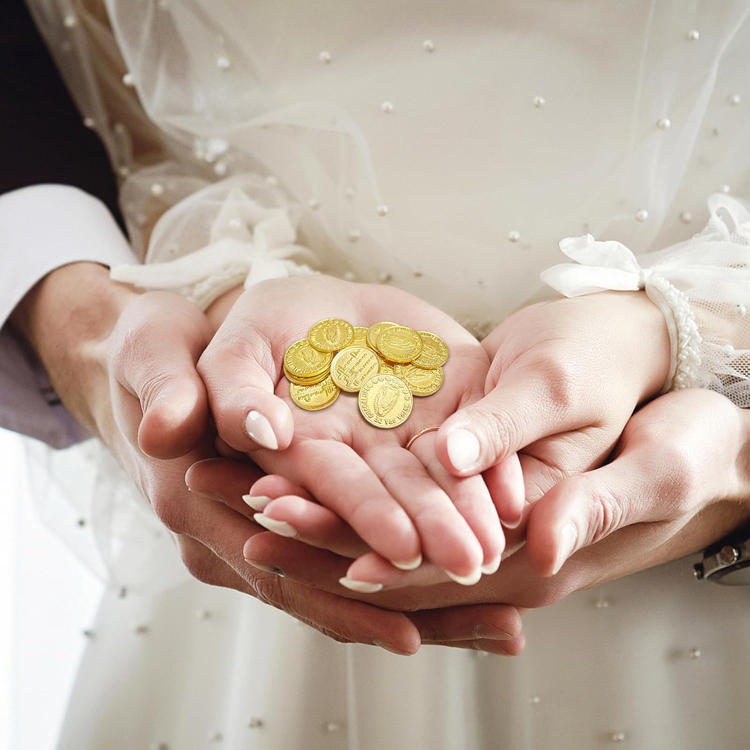 Wedding Arras Coins Set - Gold Heart Box with 13 Virgen of Guadalupe Coins