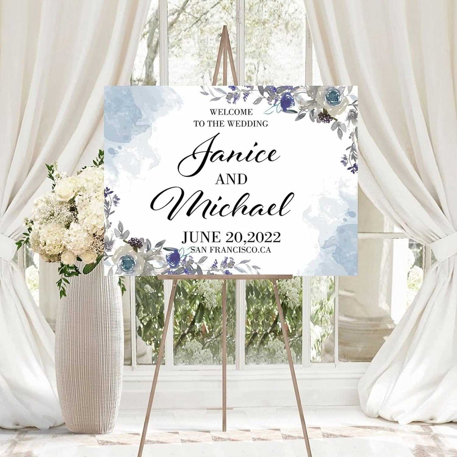 Personalized Blue Floral Wedding Welcome Sign