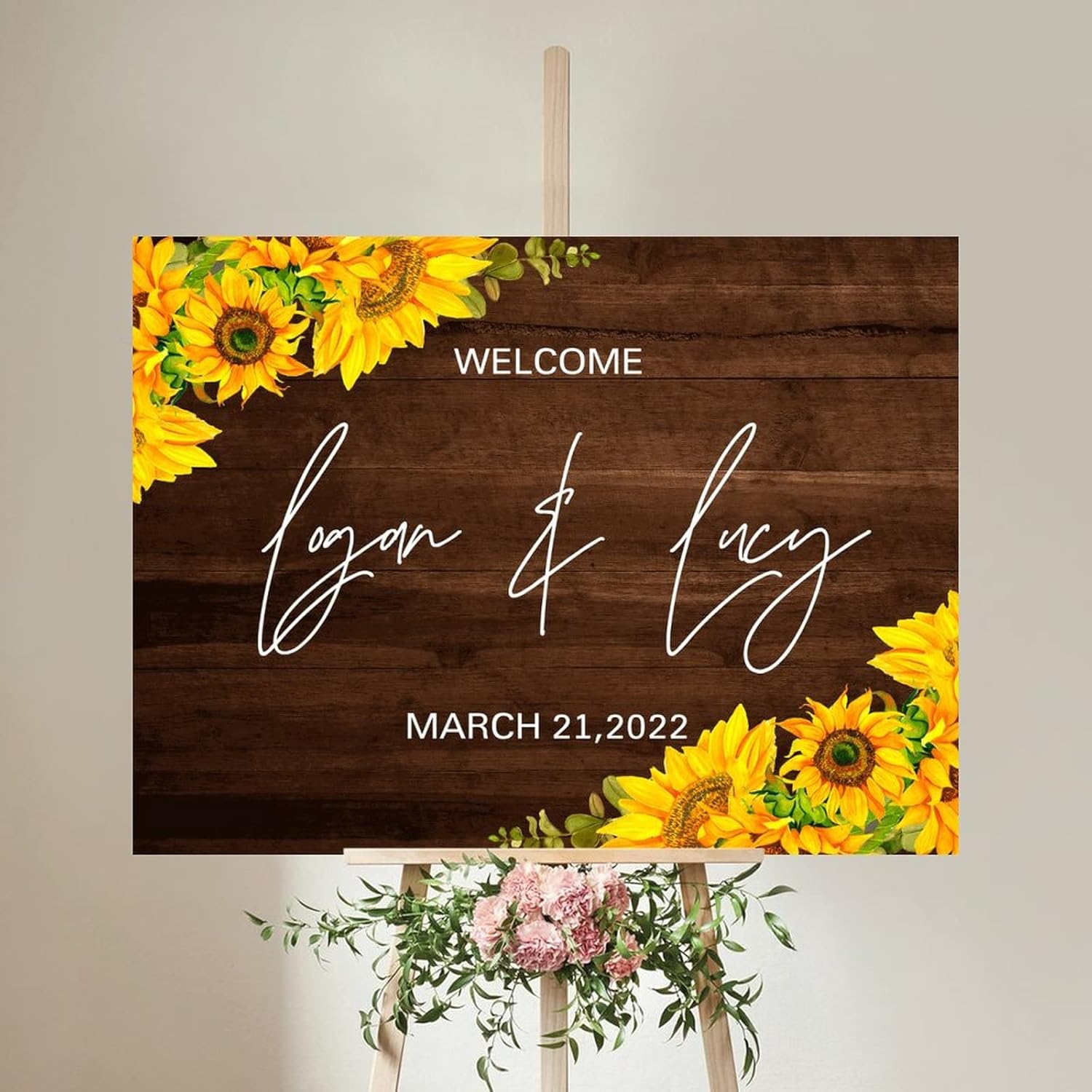 Customizable Wood Wedding Welcome Sign with Sunflowers