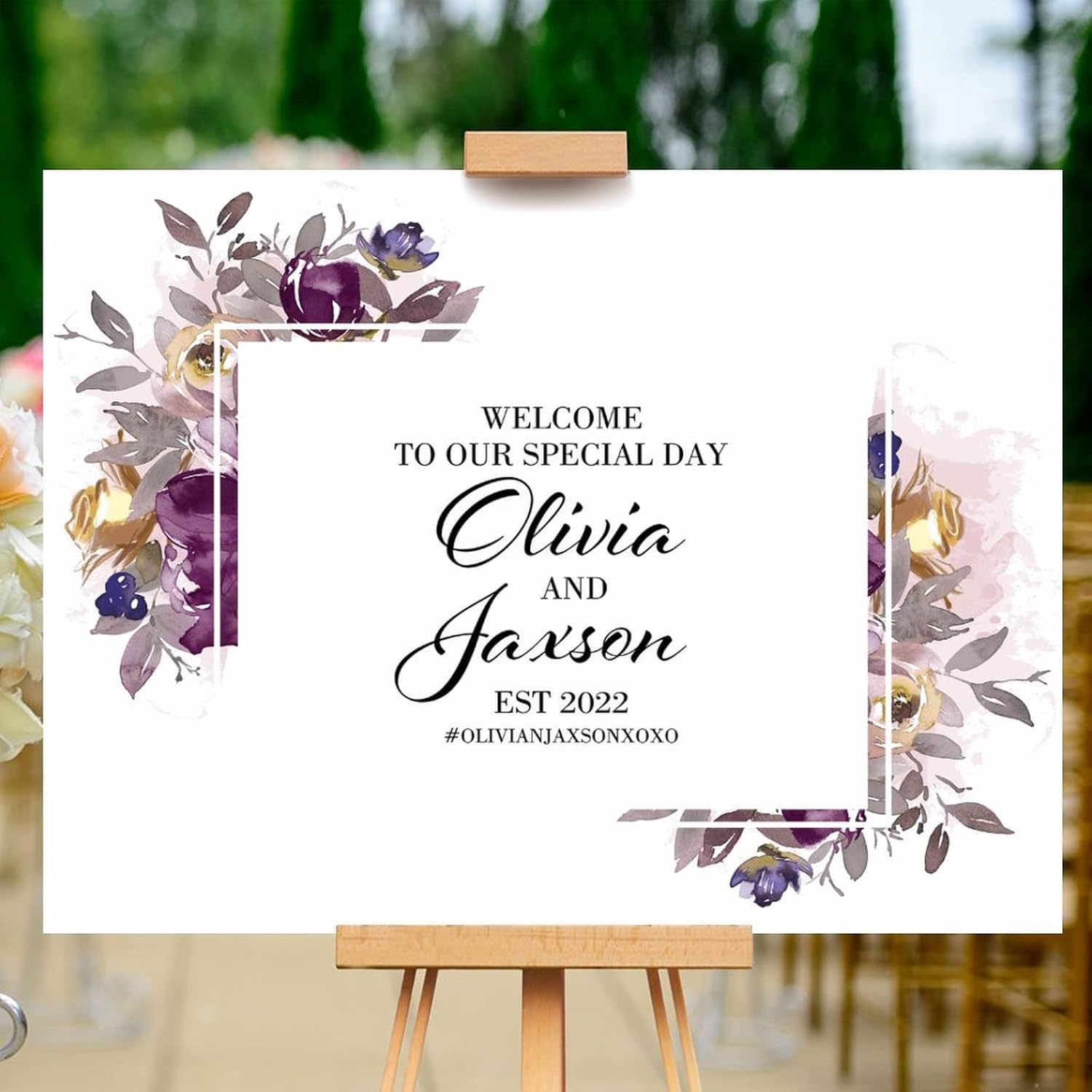 Alioyoit Personalized Wedding Welcome Sign with Purple Floral Wreath