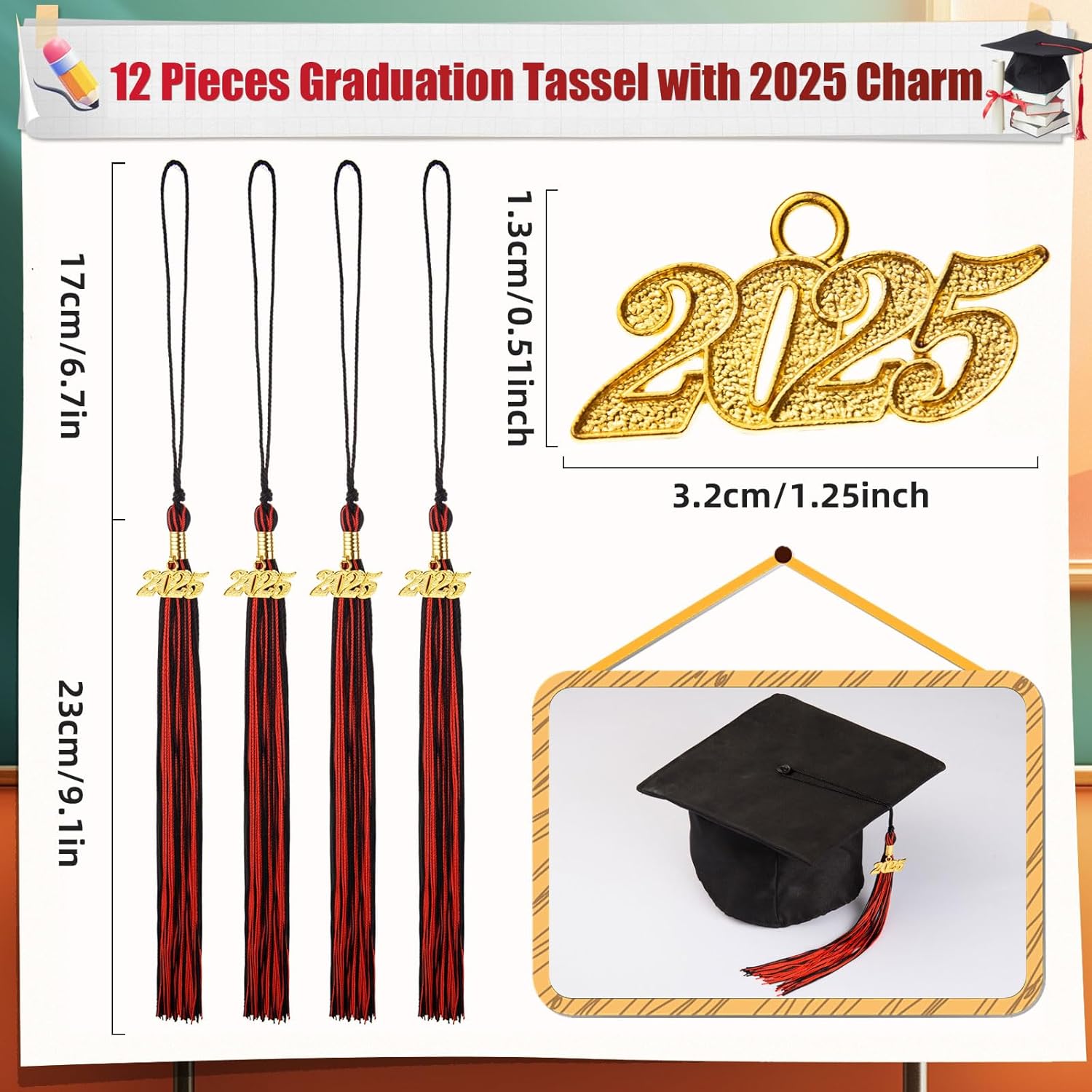12 Graduation Tassels with 2025 Black Red Charms