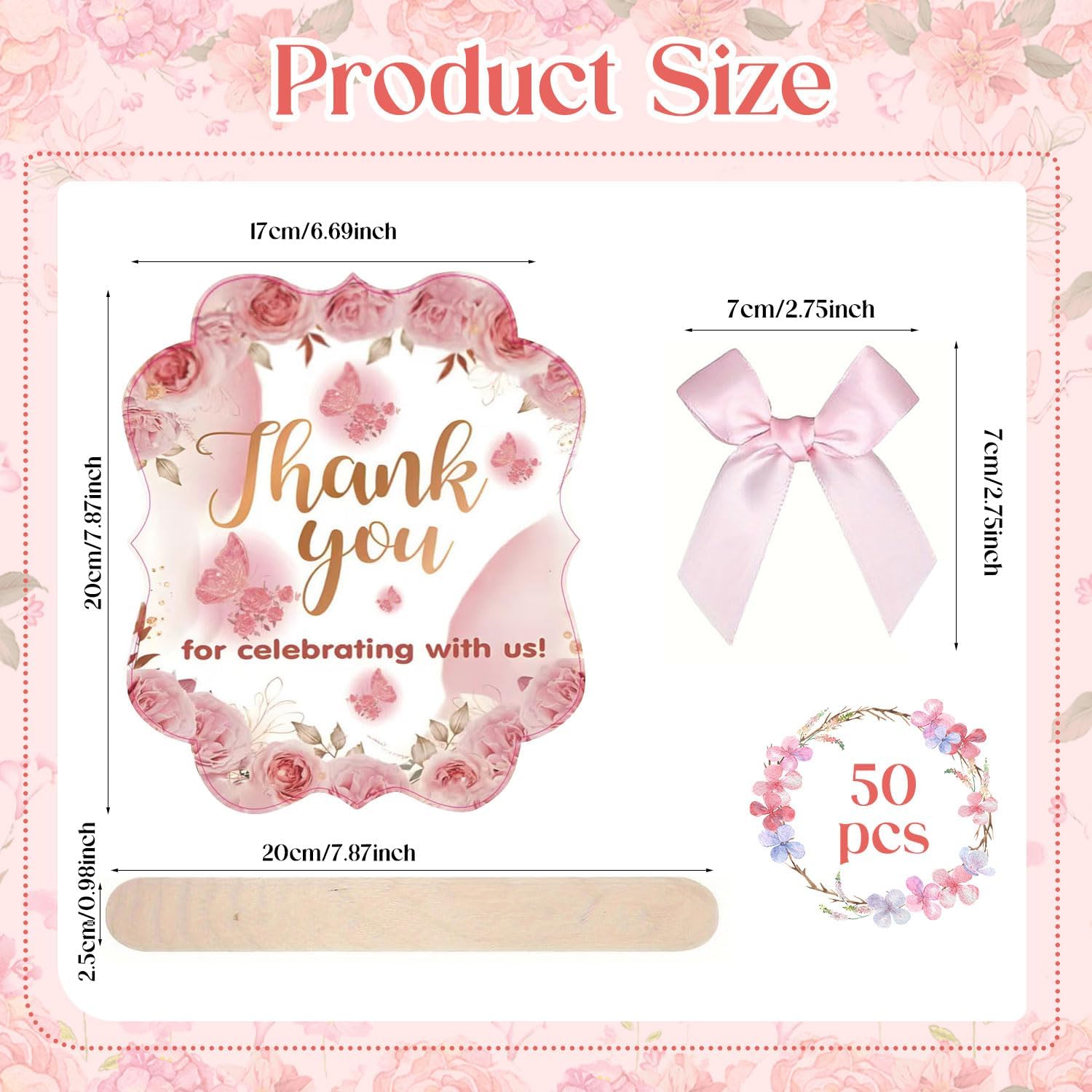 50 Pink Wedding Fans with Wood Sticks and Bows