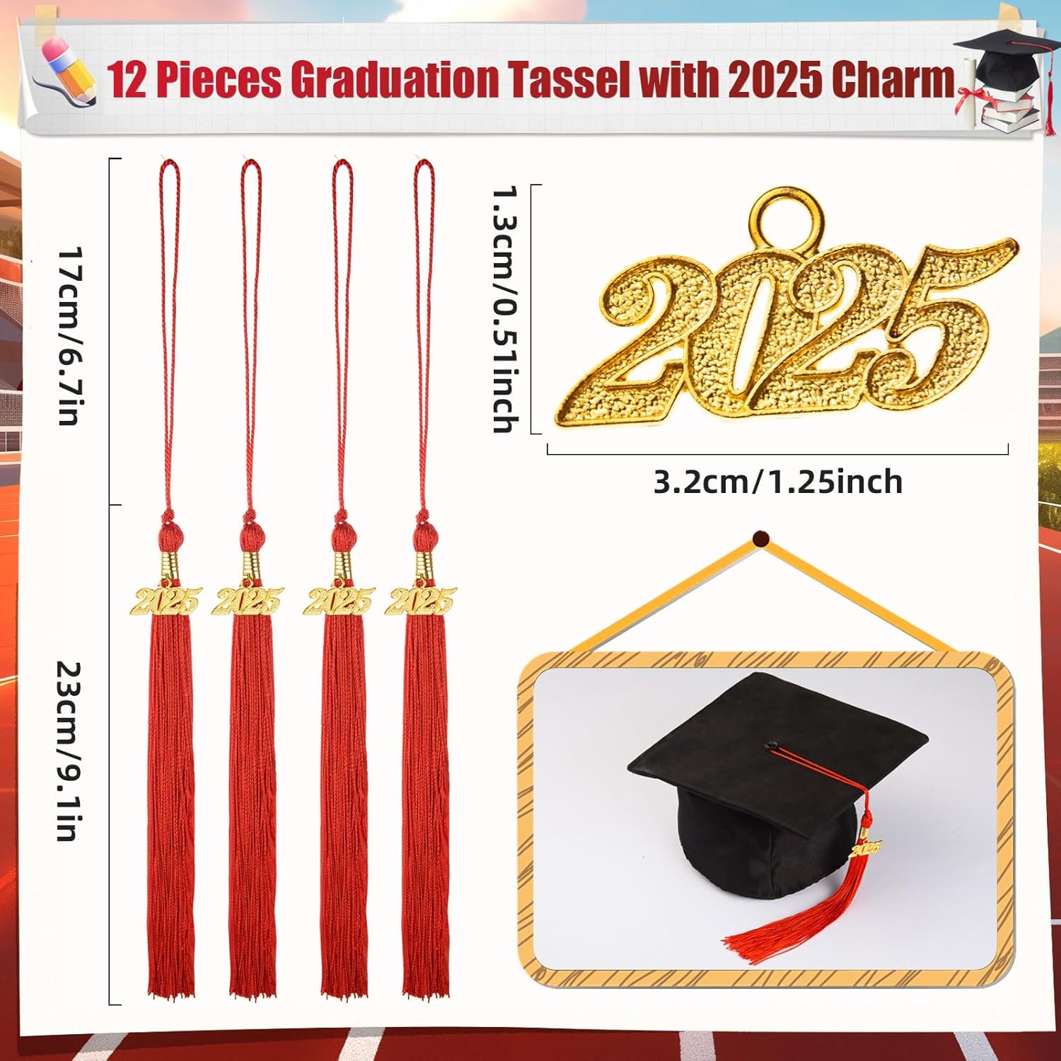 12 Piece Graduation Tassel with 2025 Gold Charm