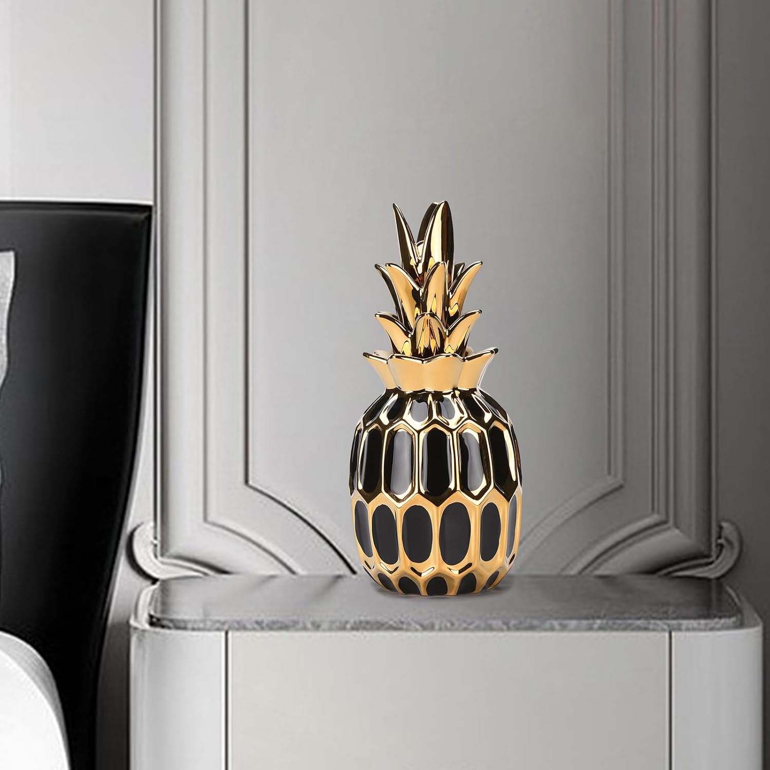 Modern Black Gold Pineapple Ceramic Statue 114in