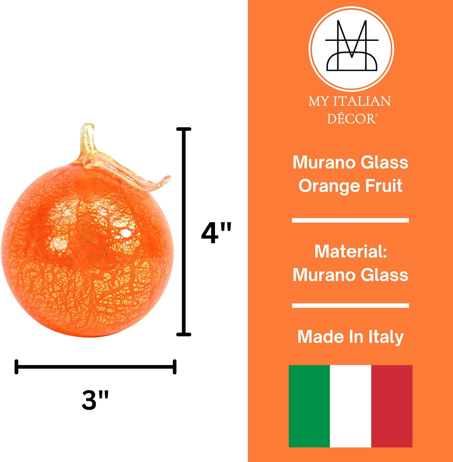 MY ITALIAN DCOR Handmade Murano Glass Orange Figurine 4 Inch Tall