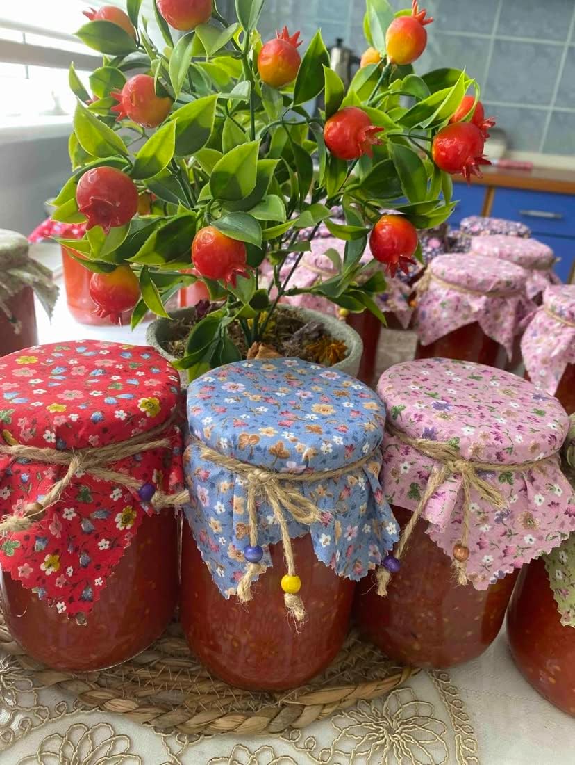 50 Pieces 100 Cotton Flowered Jar Cover Cloth With Beaded Jute Rope