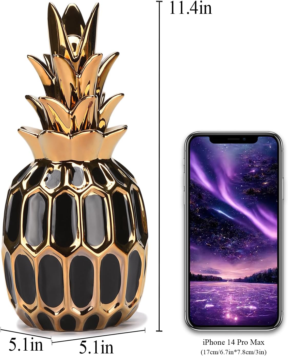Modern Black Gold Pineapple Ceramic Statue 114in