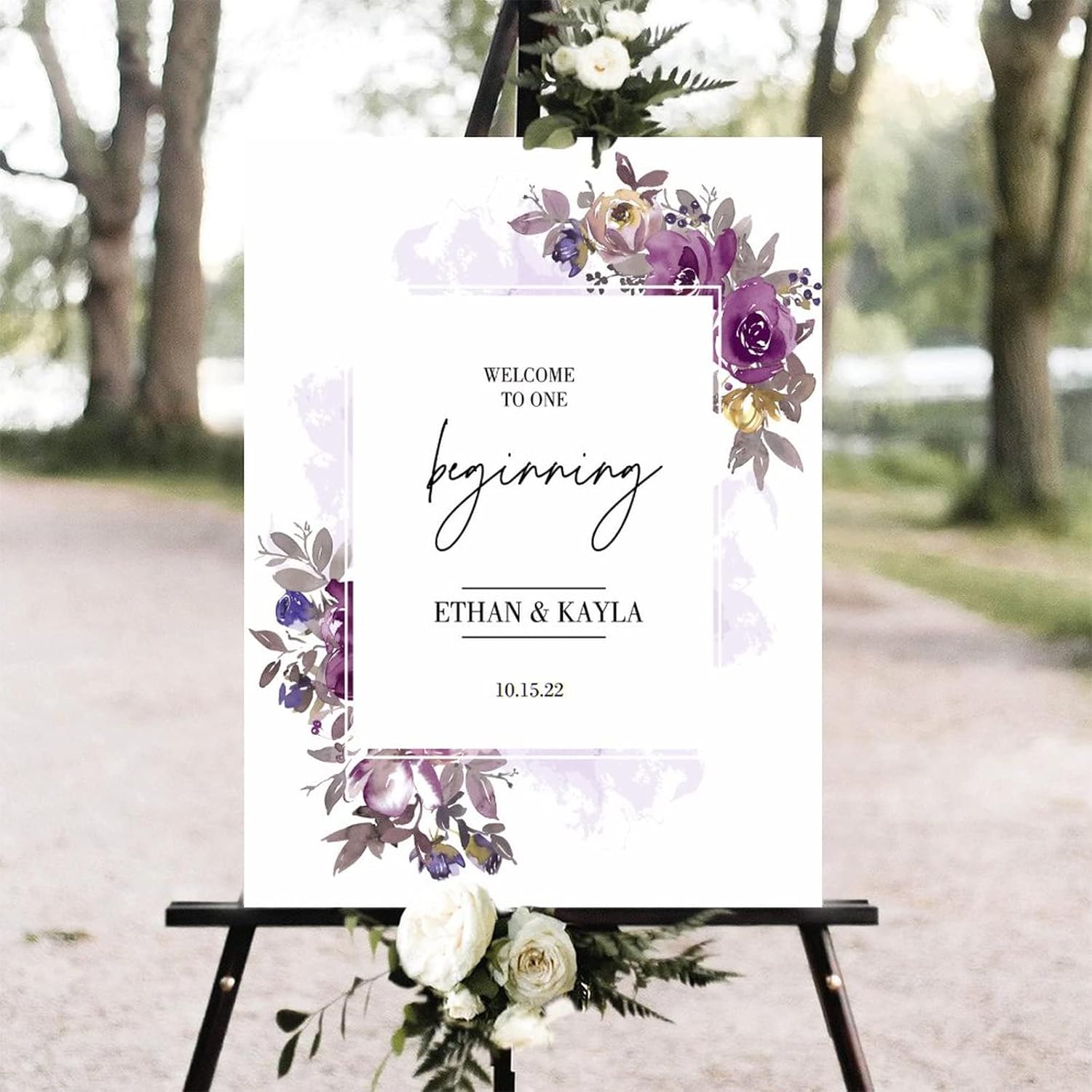Alioyoit Personalized Purple Floral Wedding Sign