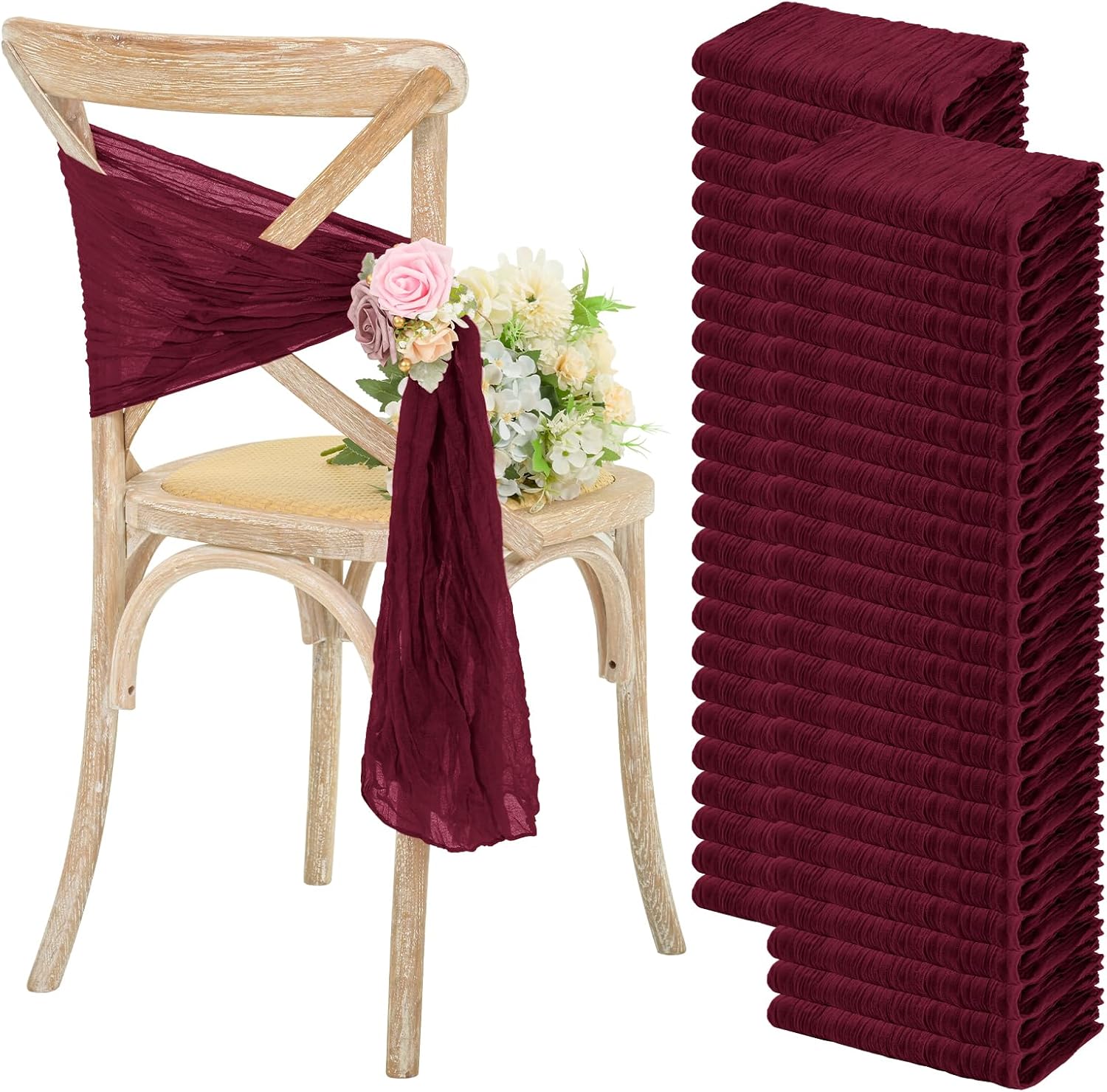 YMHPRIDE 50pcs Burgundy Cheesecloth Chair Sashes