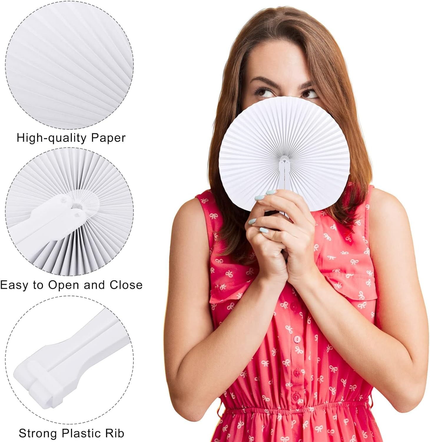 Aodaer 120 Pack White Paper Fans with Plastic Handles