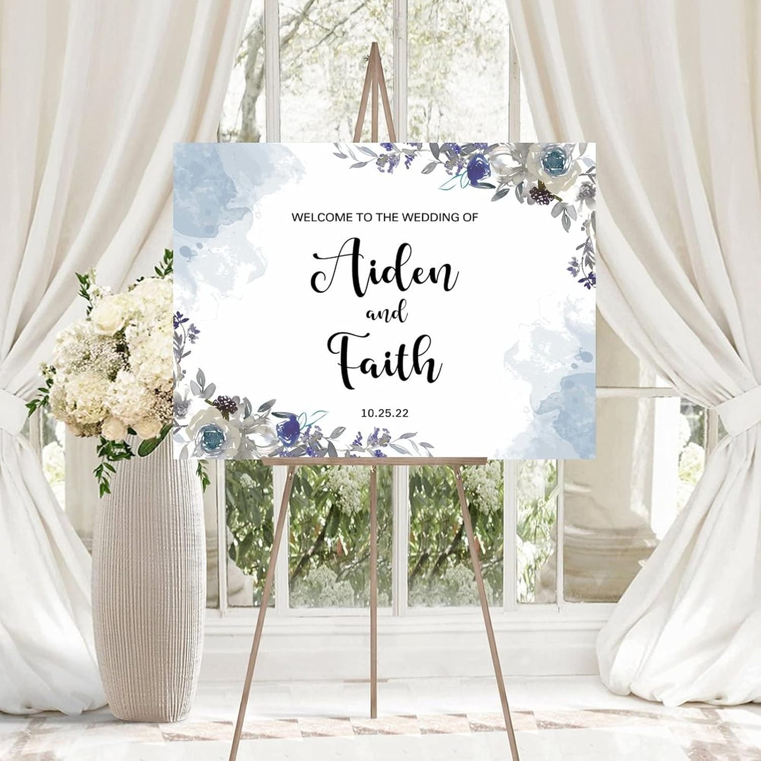 Customizable Blue Floral Luxury Wedding Welcome Sign
