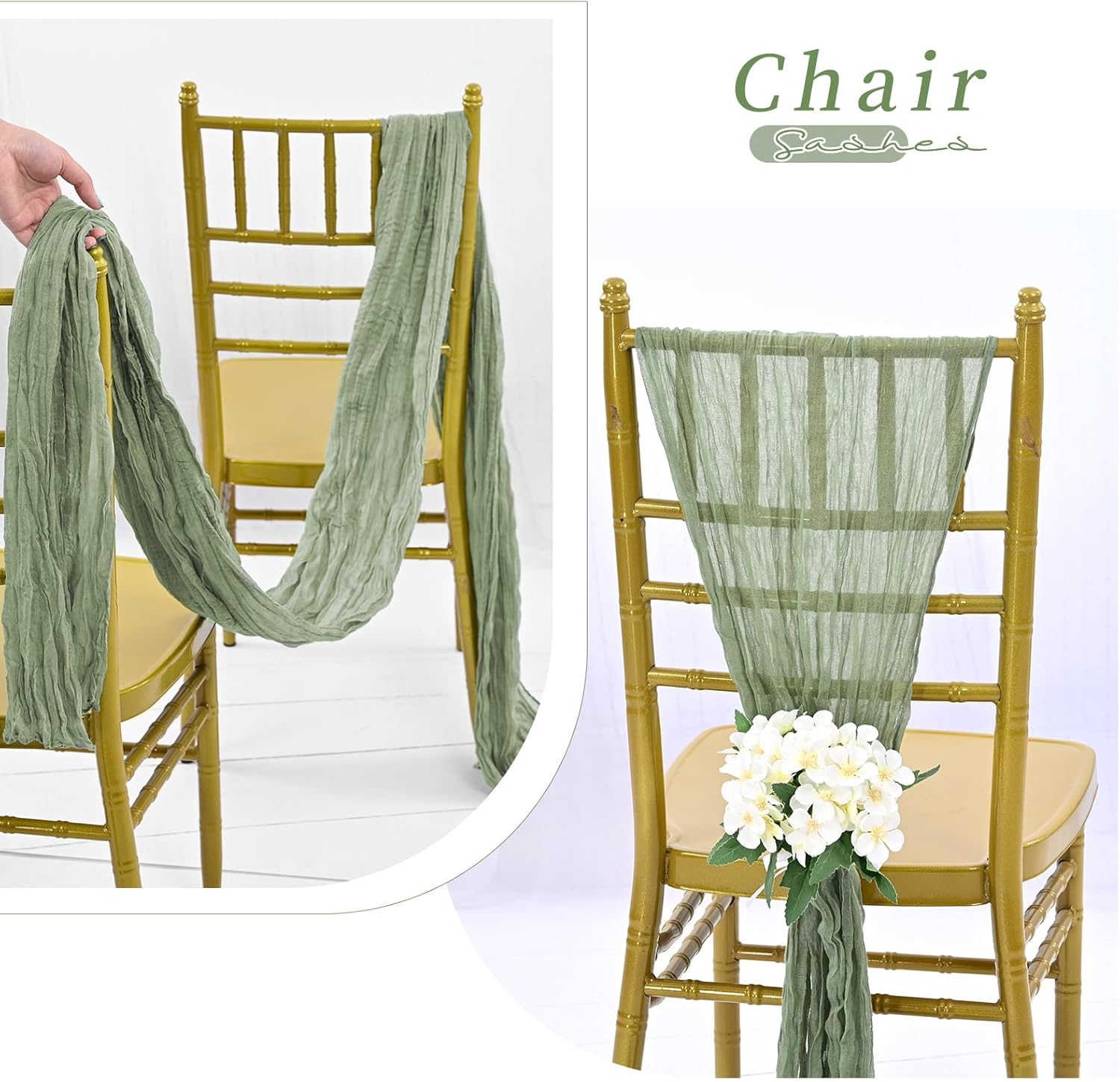 Showgeous Cheesecloth Chair Sashes 20PCS Sage Green 16x70 Inch