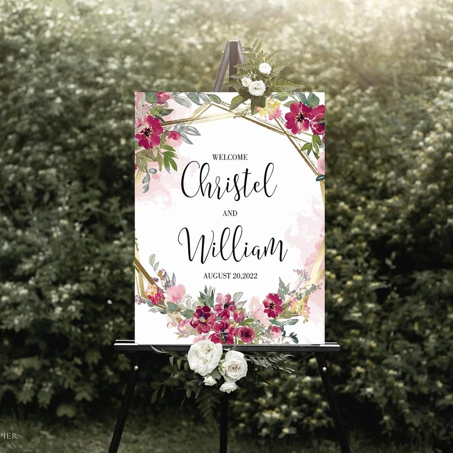 Personalized Pink Floral Wedding Welcome Sign 12x16 Inch
