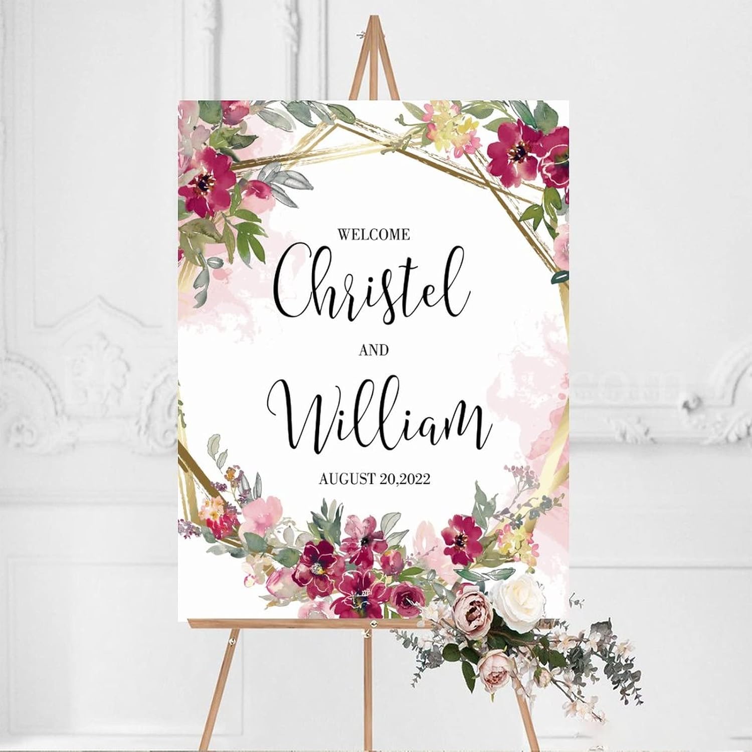 Personalized Pink Floral Wedding Welcome Sign 12x16 Inch