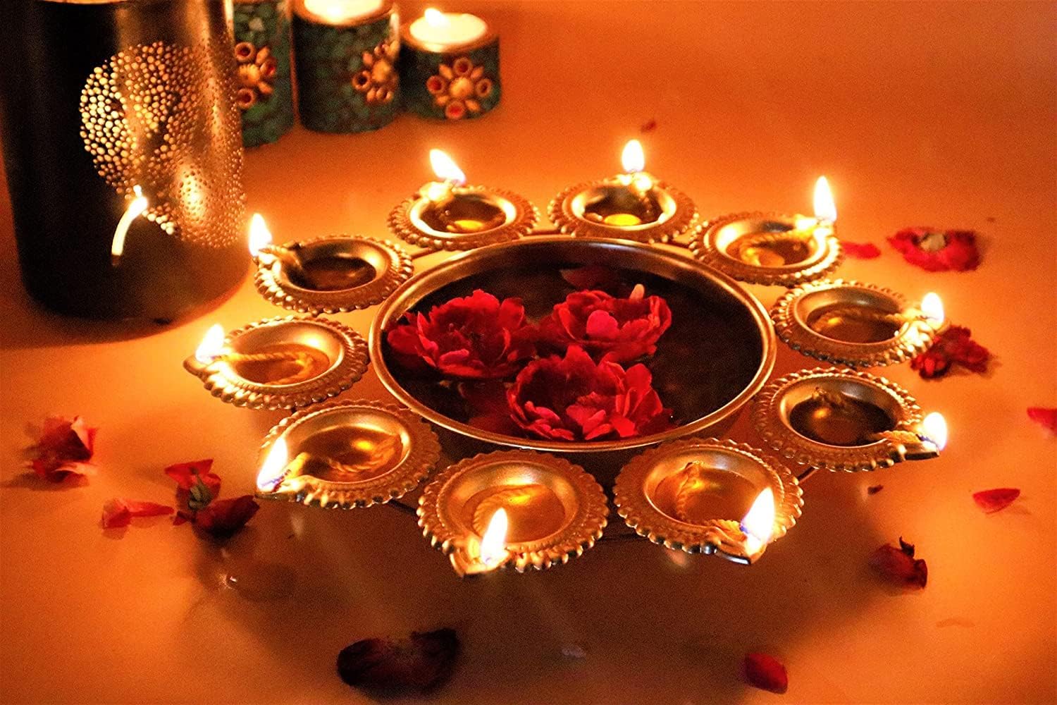 JR Handicrafts World Diya Flower Urli Bowl 14 In Alloy Steel Gold
