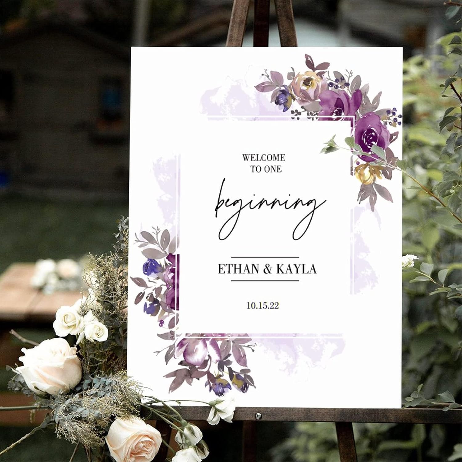 Alioyoit Personalized Purple Floral Wedding Sign