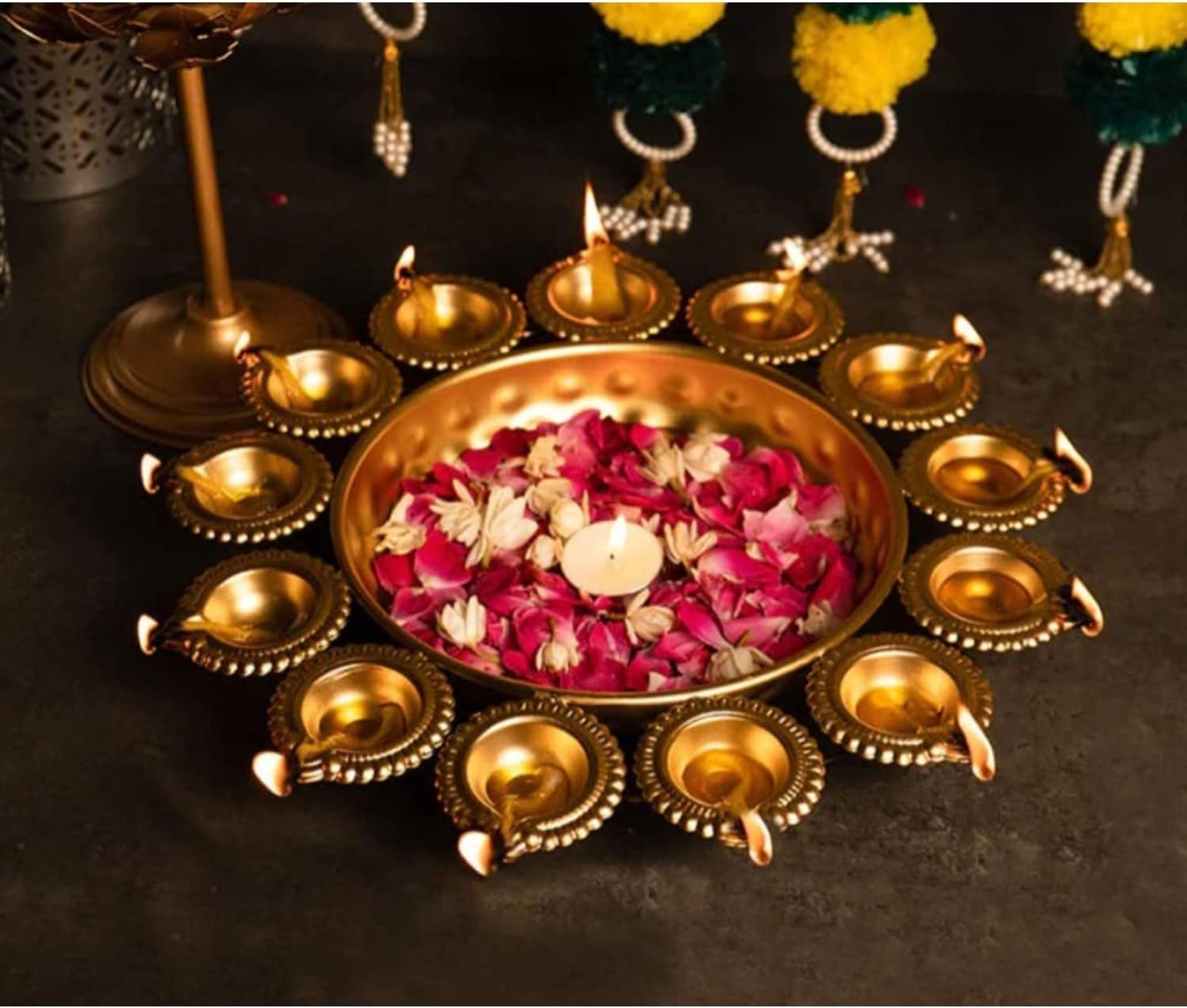 JR Handicrafts World Diya Flower Urli Bowl 14 In Alloy Steel Gold