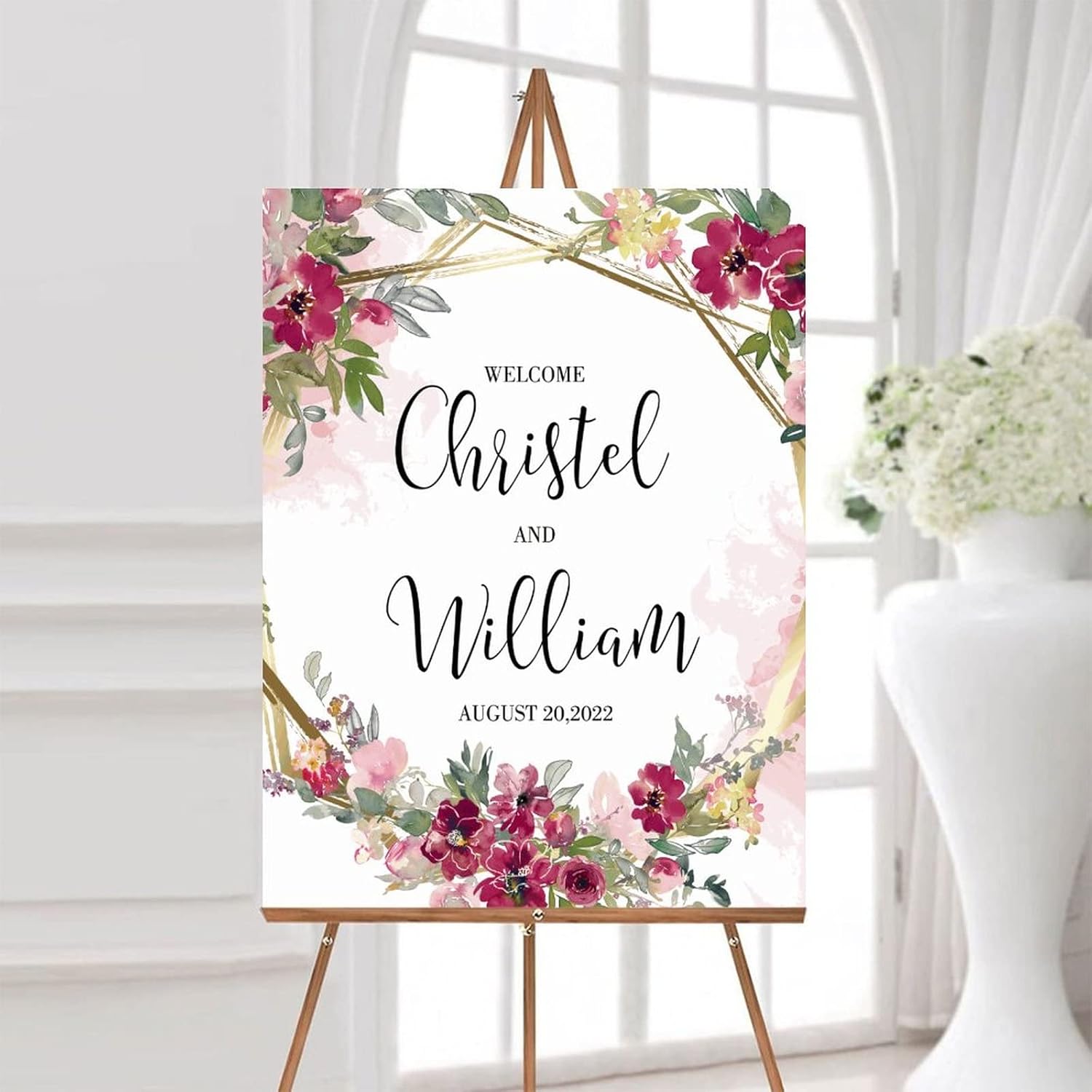 Personalized Pink Floral Wedding Welcome Sign 12x16 Inch