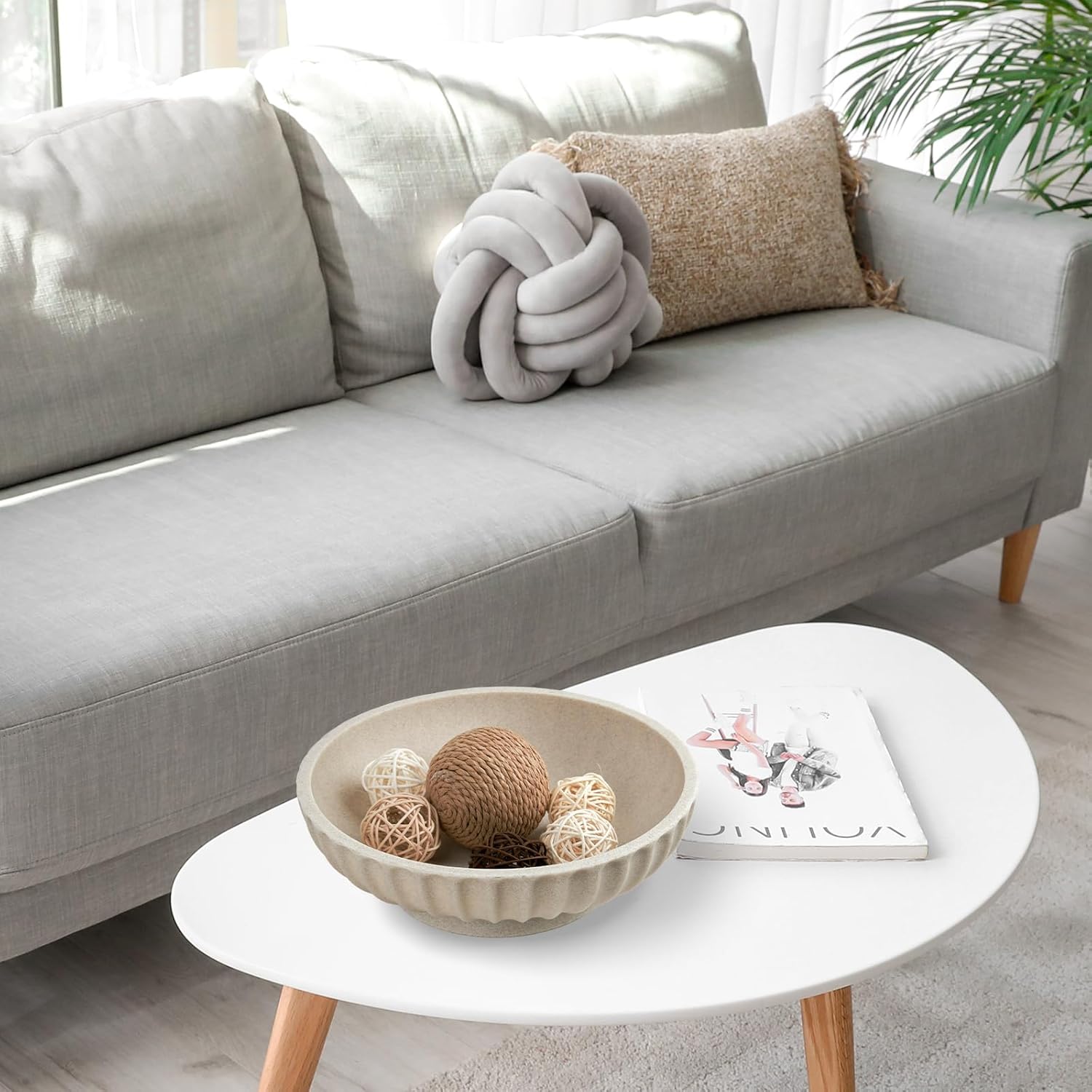 Large Decorative Bowl - Modern Home Decor Beige Artificial Stone