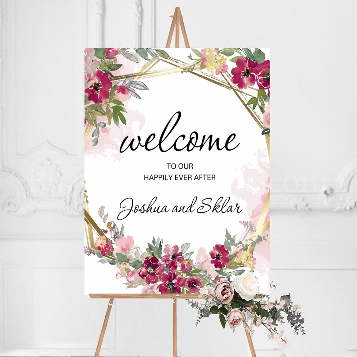 Custom Pink Floral Wedding Welcome Sign 12x16 Inch