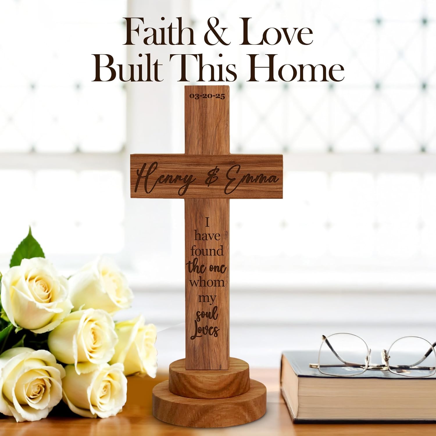 Personalized Wedding Cross Wood Sign with Engraved Names