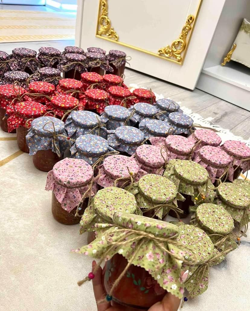 50 Pieces 100 Cotton Flowered Jar Cover Cloth With Beaded Jute Rope