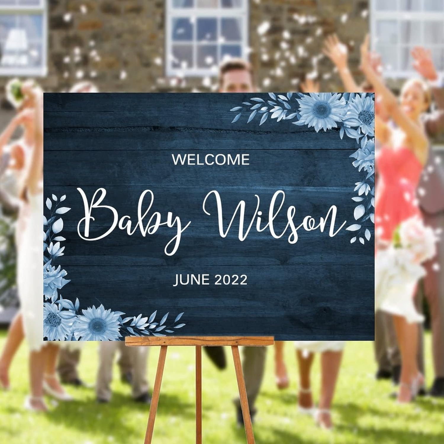 Personalized Blue Wood Wedding Welcome Sign