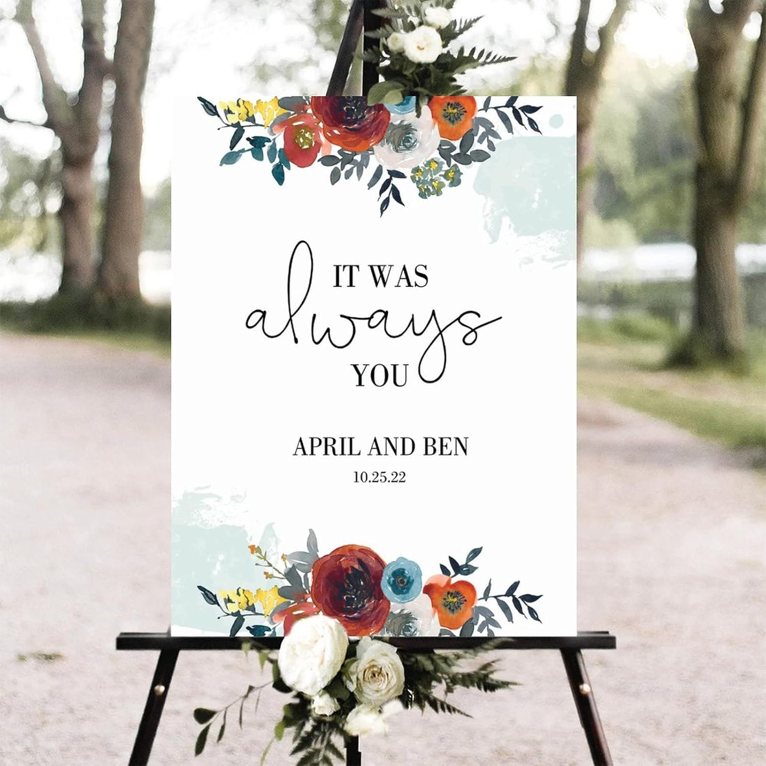 Alioyoit Red Floral Personalized Wood Wedding Sign