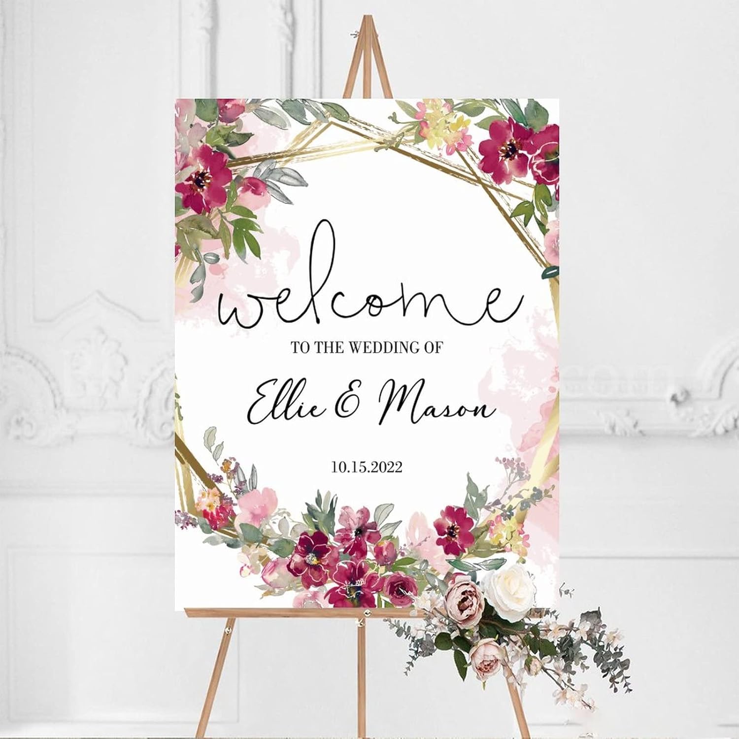 Custom Pink Floral Wood Wedding Welcome Sign 12x16 Inch