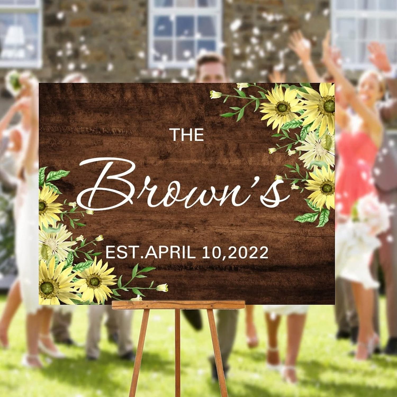 Customizable Wedding Welcome Sign Sunflower Brown Wood