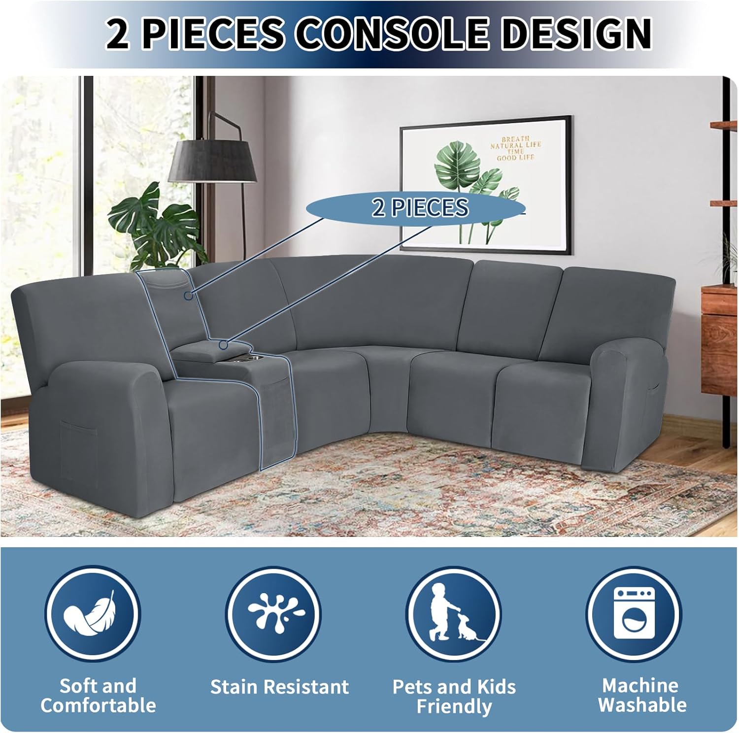 PureFit Recliner Console Cover Super Stretchy Light Gray