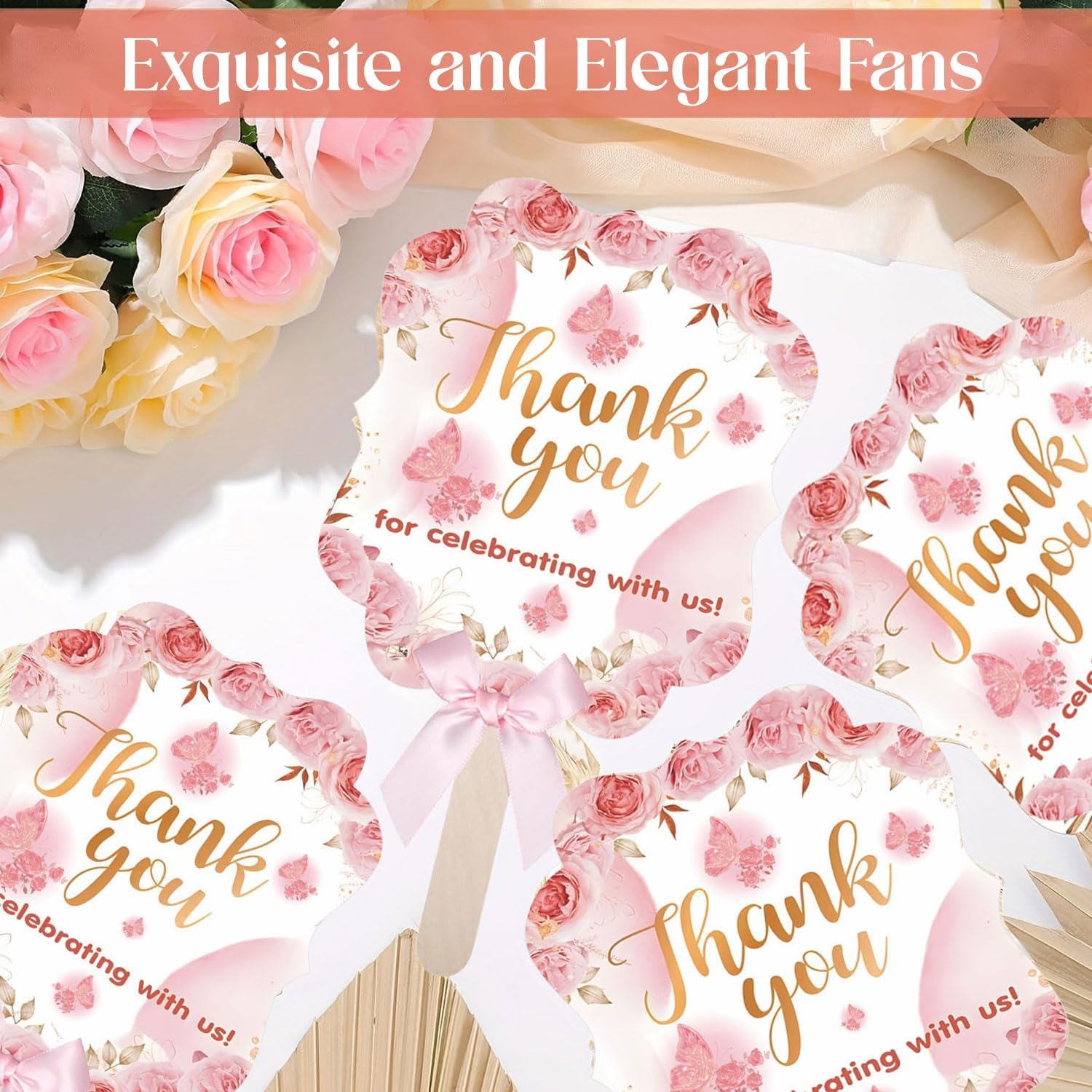 50 Pink Wedding Fans with Wood Sticks and Bows
