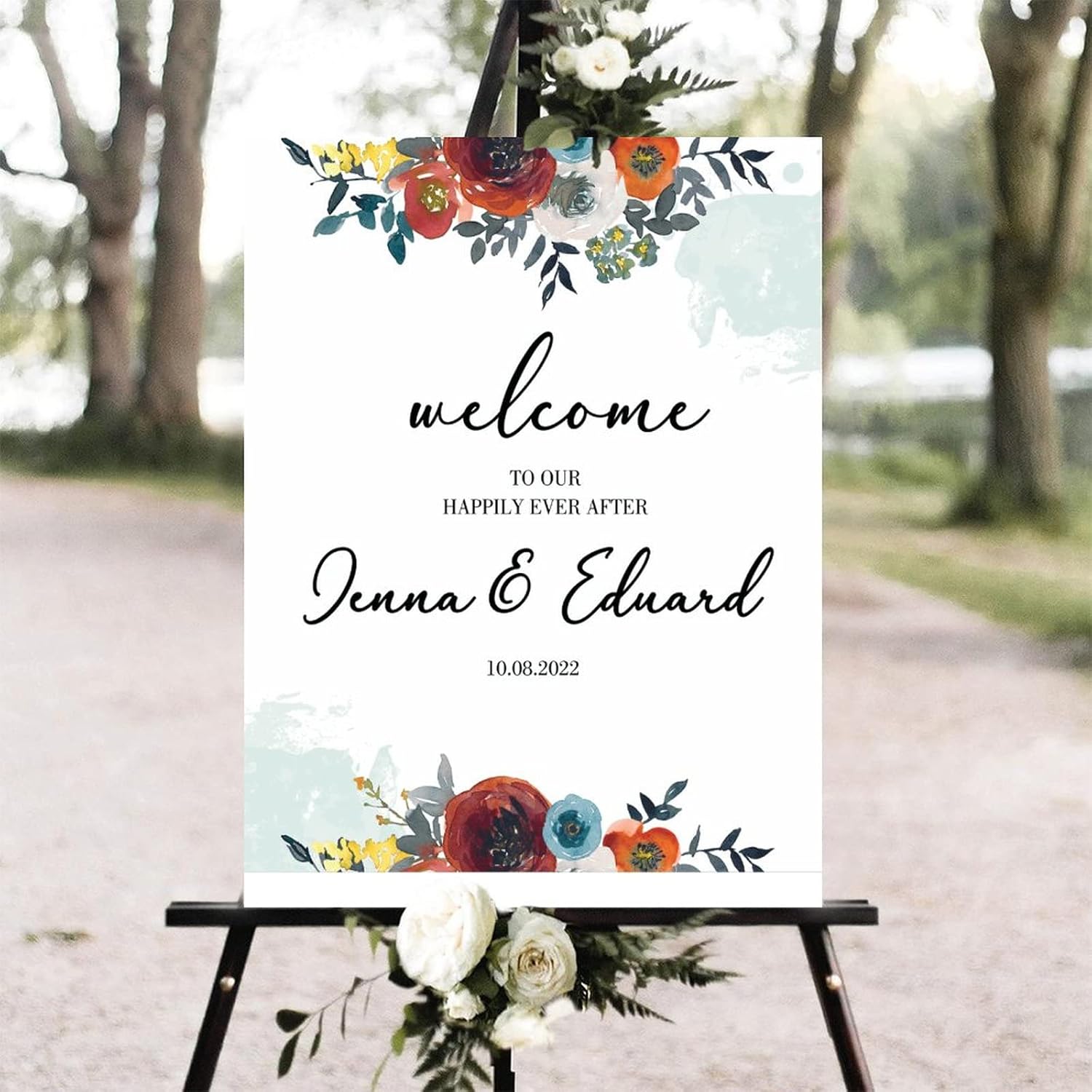 Customizable Red Floral Wedding Welcome Sign 12x16 Inch