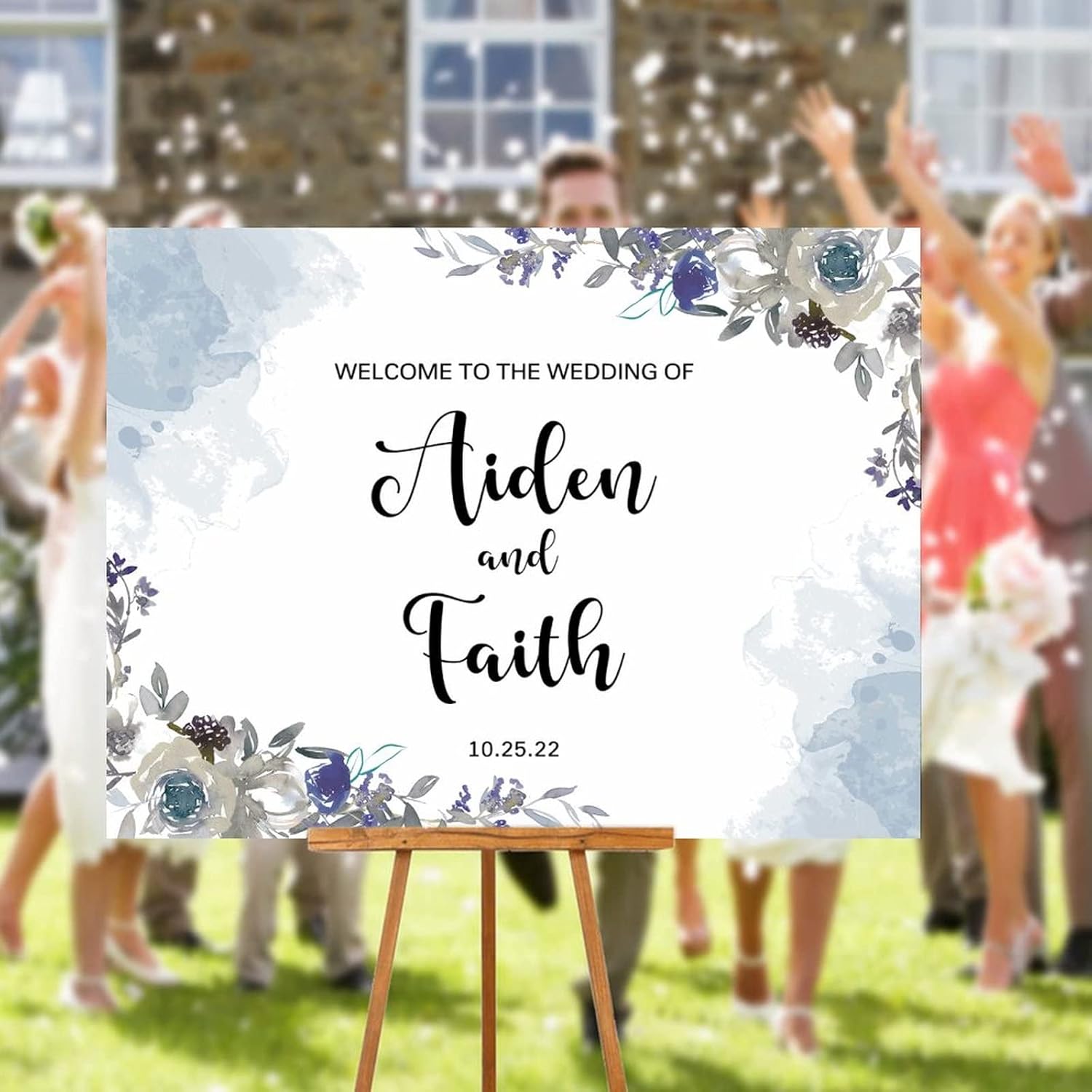 Customizable Blue Floral Luxury Wedding Welcome Sign