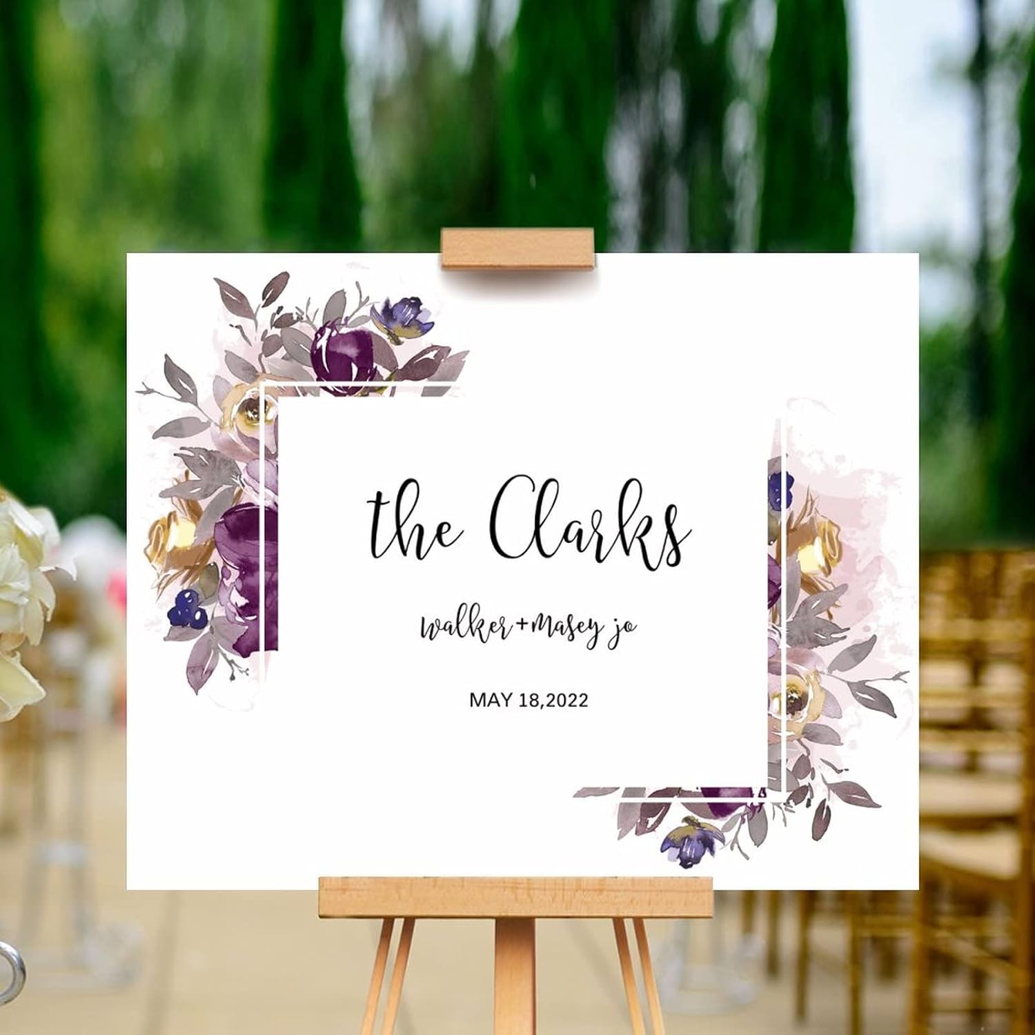 Customizable Purple Floral Wedding Welcome Sign 16x20 Inch