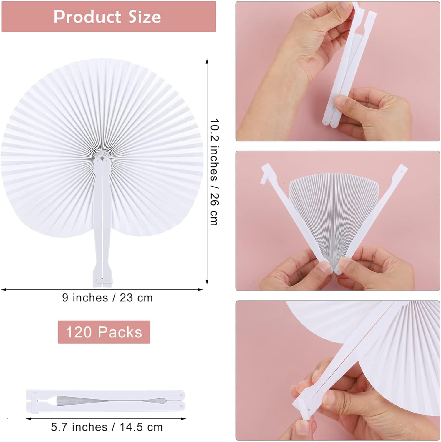 Aodaer 120 Pack White Paper Fans with Plastic Handles