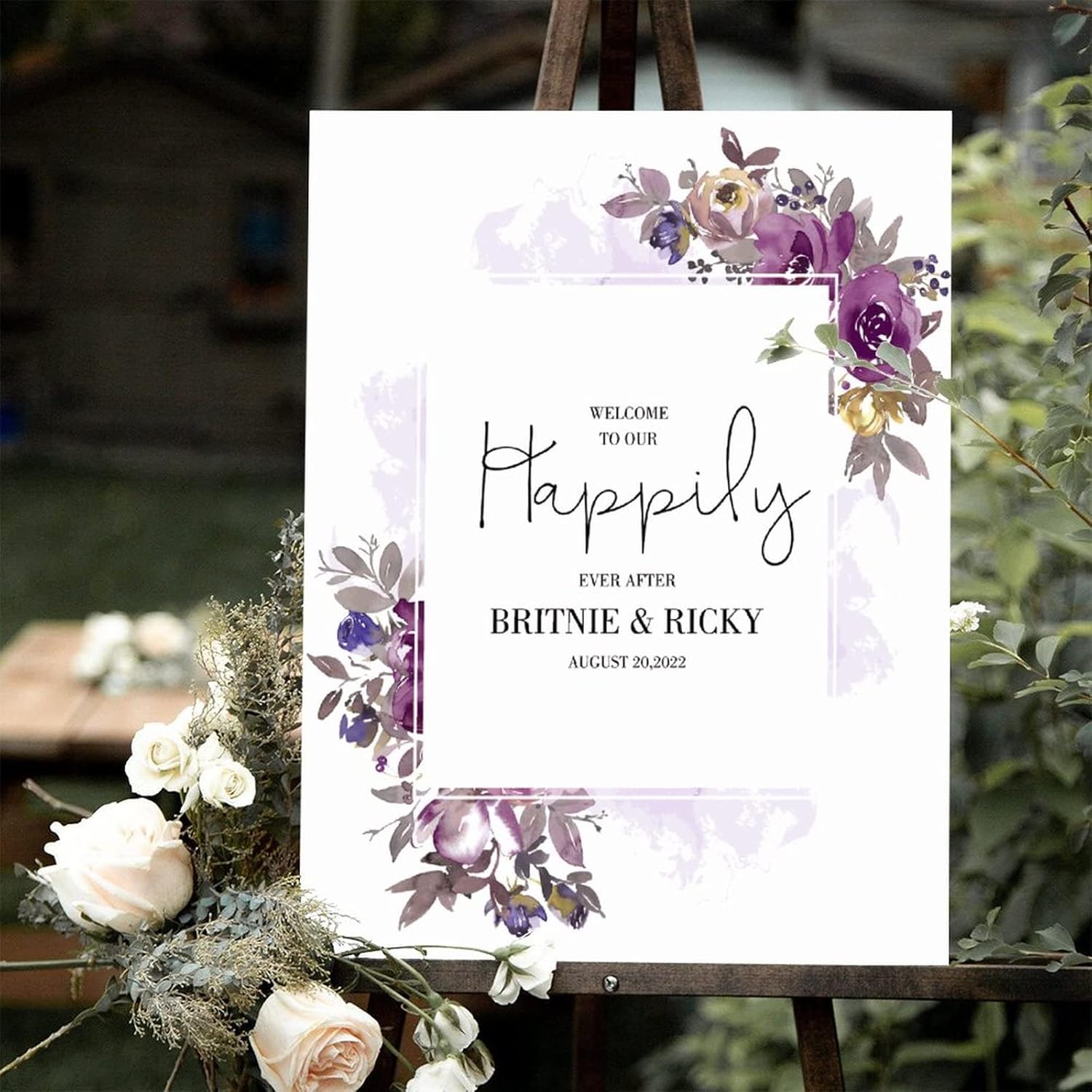 Alioyoit Purple Floral Custom Wood Wedding Sign