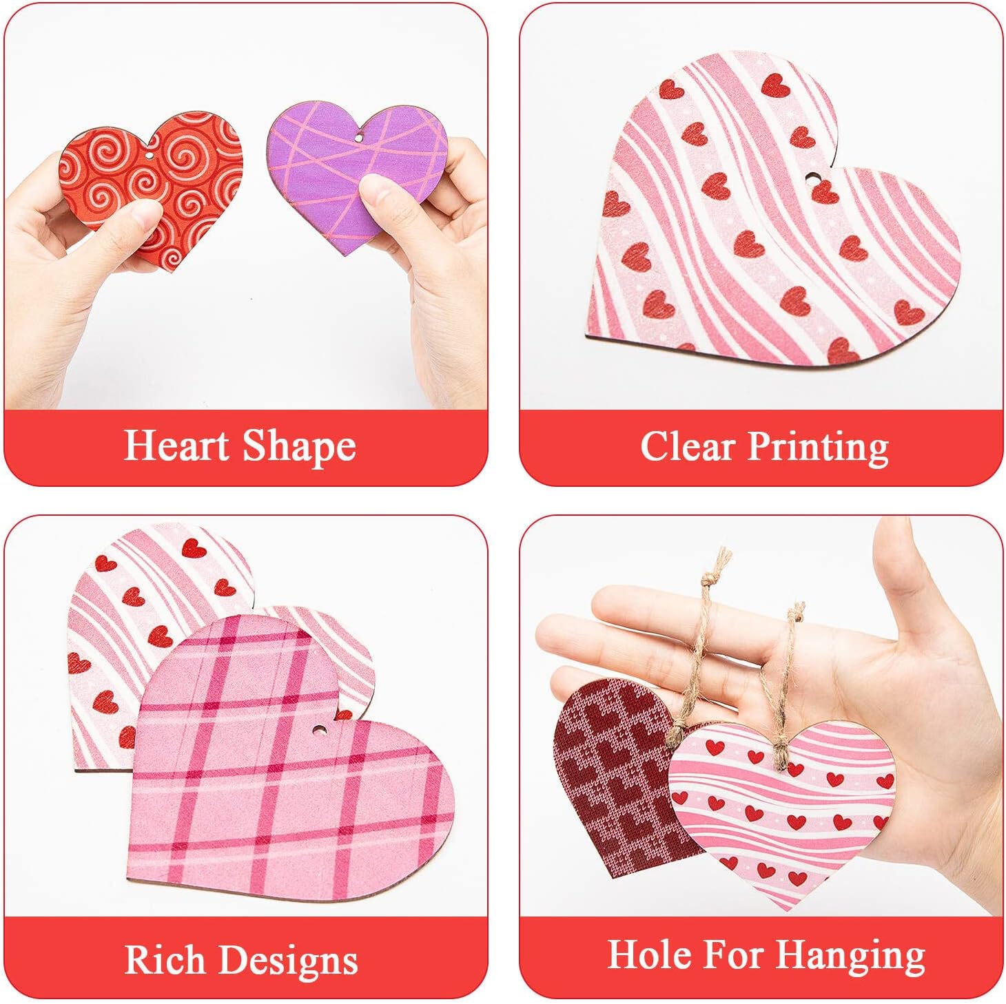 Haooryx Heart Shaped Wood Slice Hanging Ornaments 31Pcs