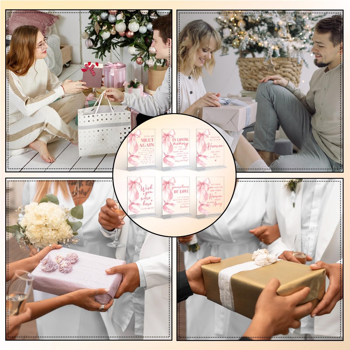 6 Pack Pink Bow Acrylic Table Top Signs for Wedding Events